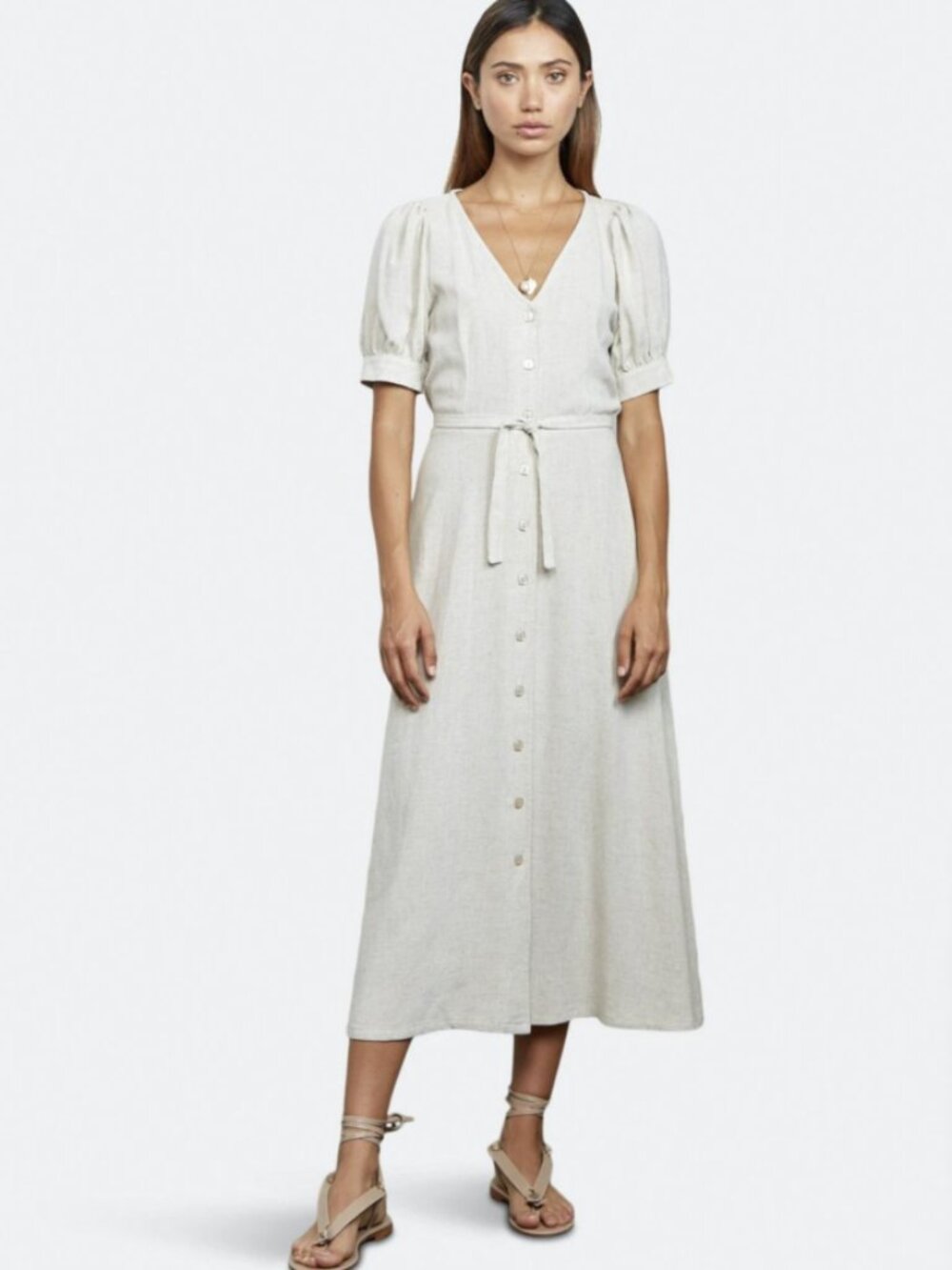 Rachel Pally Piper Dress Linen Blend Puff Sleeve Button Tie Waist Midi USA
